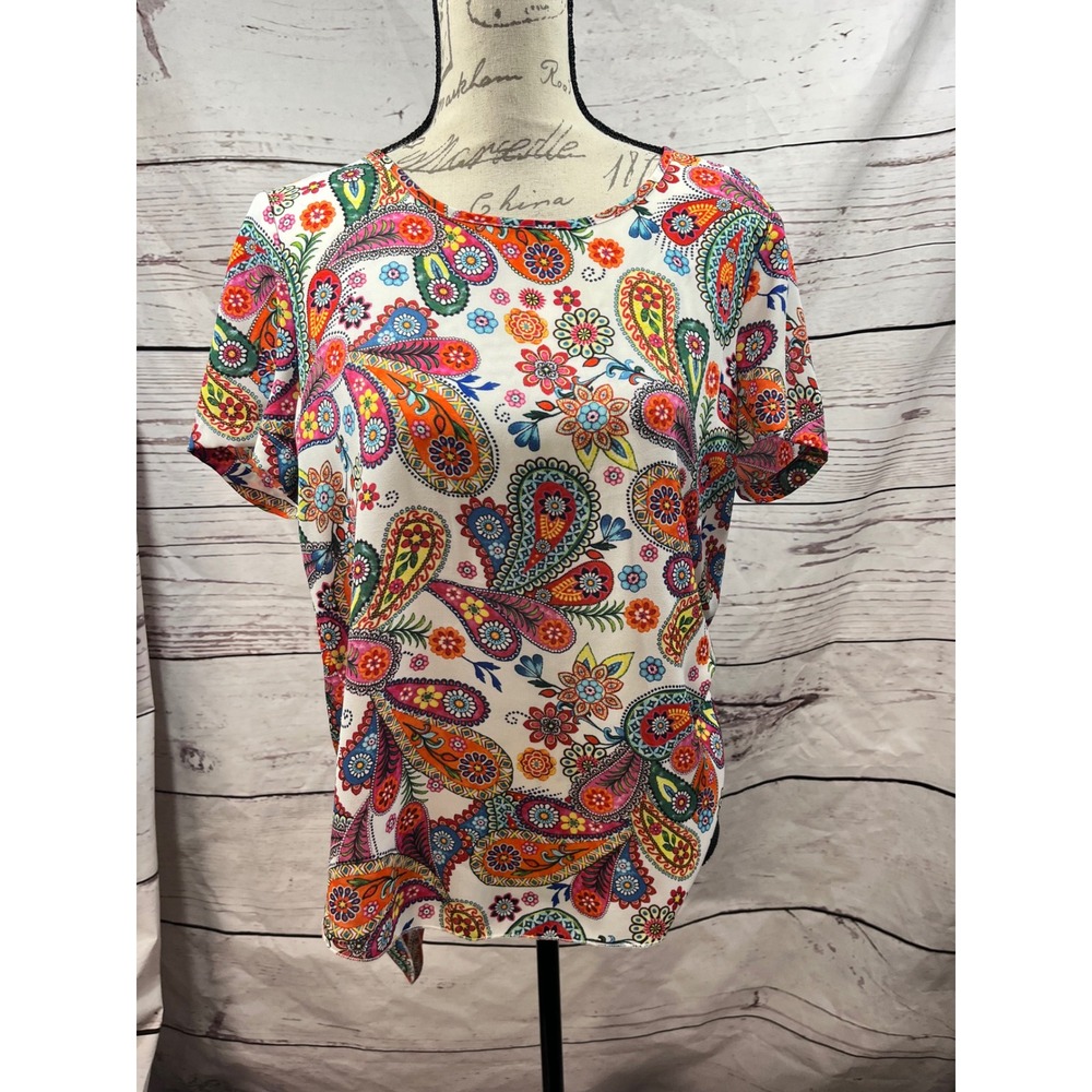 SPENSE Womens M/M Paisley Floral Print Short Sleeve Crew Neck‎ blouse